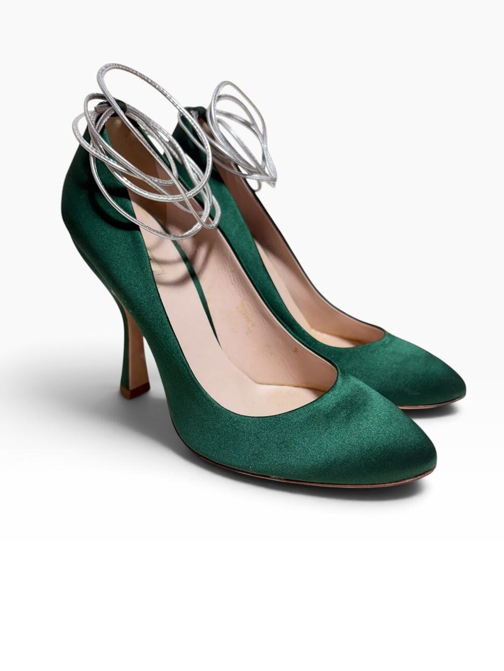 Miu Miu Green Satin Ankle Wrap Pumps Size 37.5 7.5
